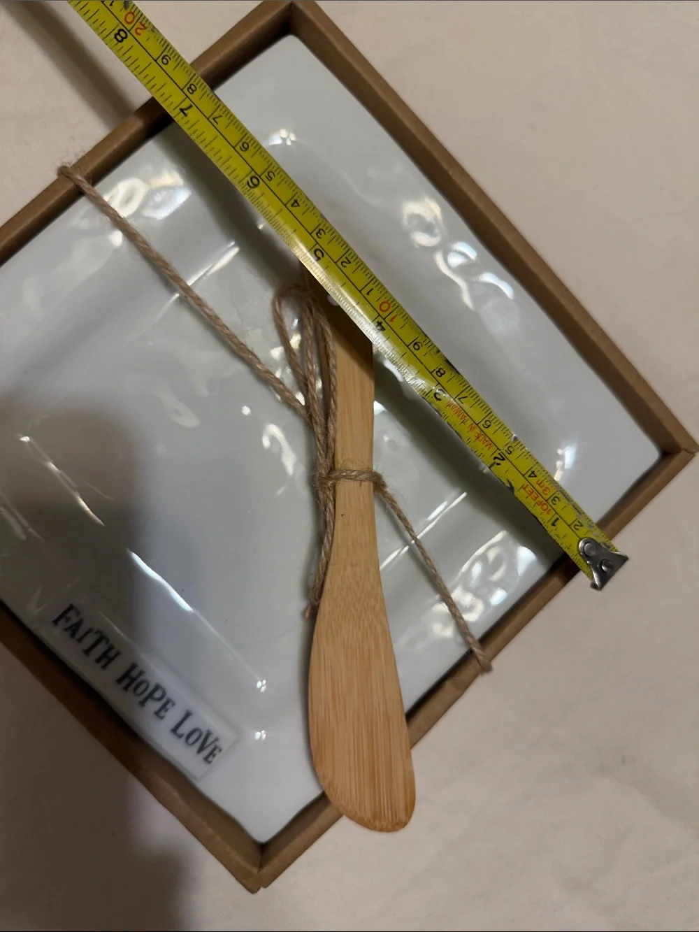 White Ceramic Snack Plate with 'Faith Hope Love' and Wooden Spreader